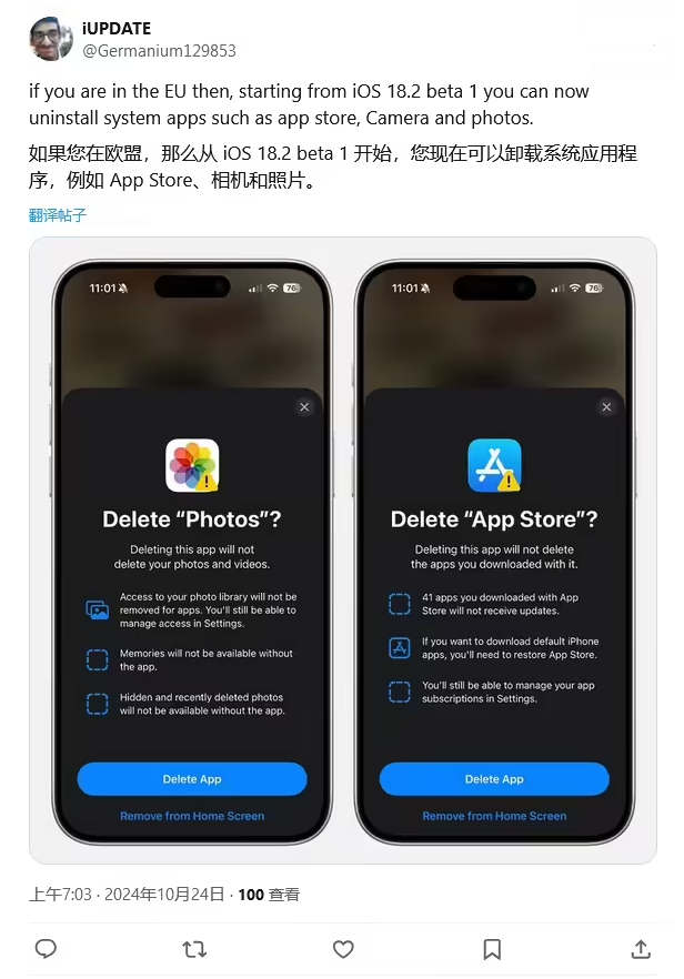 新密苹果手机维修分享iOS 18.2 支持删除 App Store 应用商店 