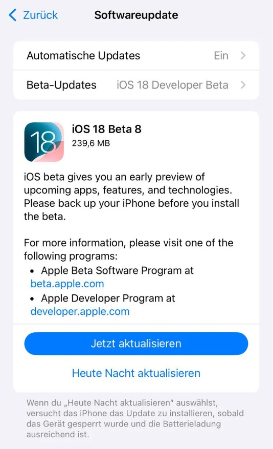 新密苹果手机维修分享苹果 iOS / iPadOS 18 开发者预览版 Beta 8 发布 